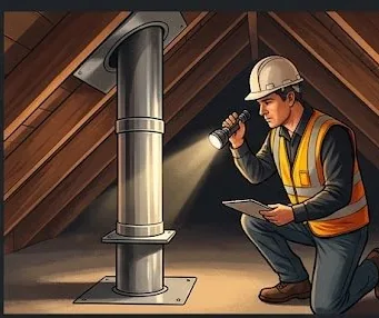 Building inspector examining Class A chimney liner in attic space with flashlight