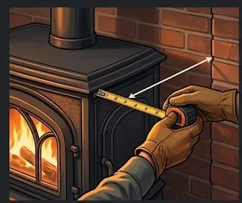 Homeowner measuring clearance distance from wood stove to combustible wall