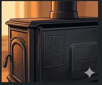 EPA Phase 2 certification label on the back panel of a cast iron wood stove