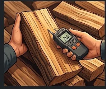Pin-type digital moisture meter pressed into freshly split hardwood firewood