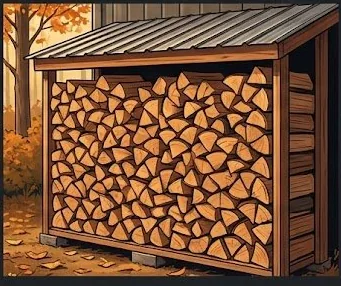 Properly stacked split firewood stored outdoors with metal roof cover and open sides for airflow