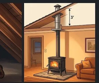Properly installed wood stove with chimney extending 3 feet above the roofline
